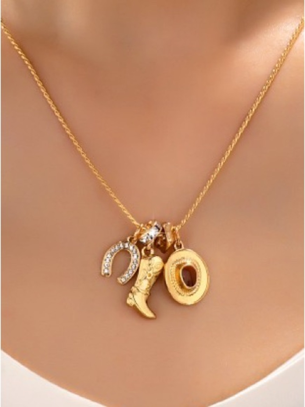 Gold Cowboy Boot & Hat Charm Necklace with Rhinestone Horseshoe